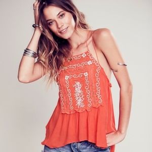 Free People Embroidered Strappy Cross Halter Tank